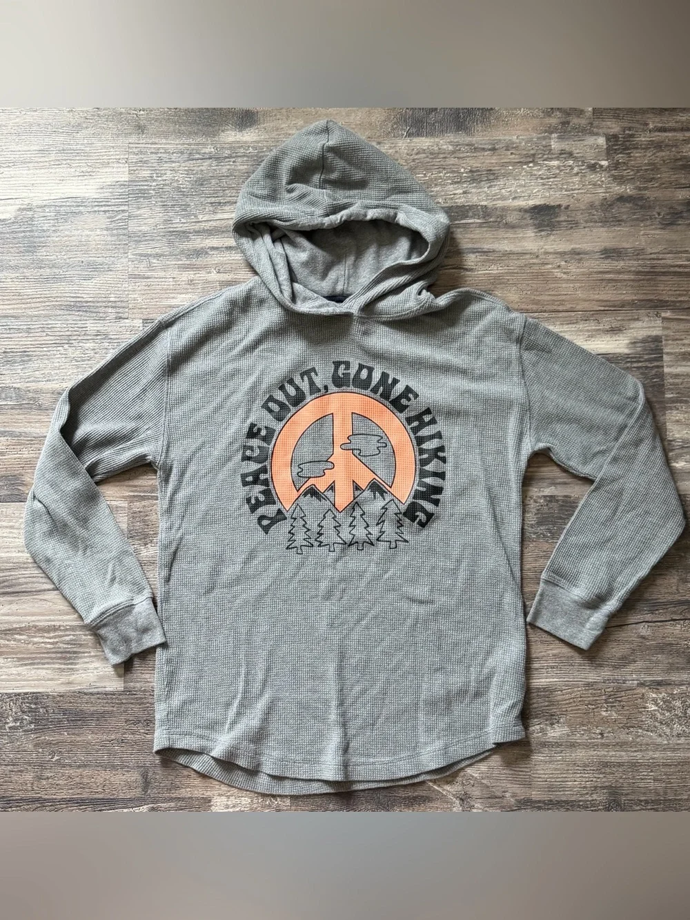 Old Navy gray long sleeve hooded thermal waffle knit shirt boys XL 14-16